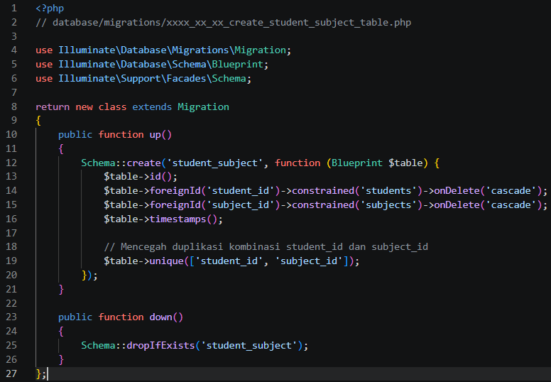 Kode migration tabel student_subject